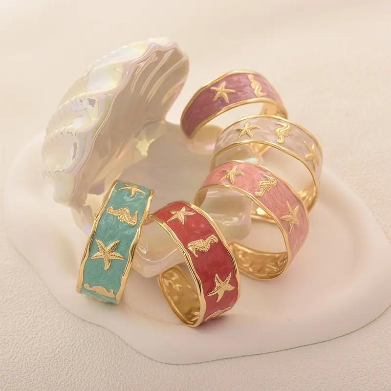 Seastar & Seahorse Enamel Stainless Steel Cuff Bracelet