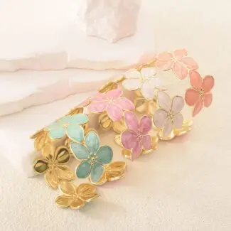 Enamel Flower Link Stainless Steel Gold-Plated Bangle