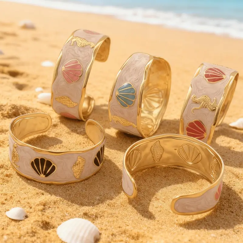 Stainless Steel Seashell & Seahorse Enamel Bangle Stainless Steel Seashell & Seahorse Enamel Bangle