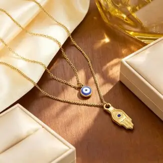 Hamsa Hand Evil Eye Charm Stainless Steel Gold Necklaces