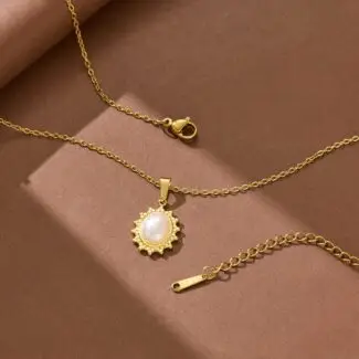 Sun Frame Pearl Pendant Stainless Steel Gold Necklace