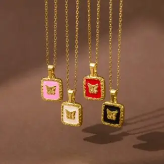 Enamel Square Butterfly Pendant Stainless Steel Gold Necklaces