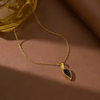 Teardrop Black Onyx Pendant Stainless Steel Gold Necklace