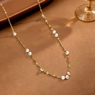 Dainty Inlaid Crystal Beaded Stainless Steel Gold Necklaces