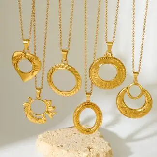 Multi?Style Hollow Circle Ring Pendant Stainless Steel Gold Necklaces