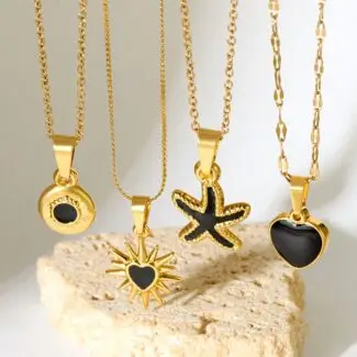Starfish Sun Black Onyx Heart Pendant Stainless Steel Gold Necklaces
