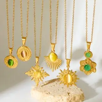 Sunburst Multicolor Stone Inlaid Pendant Stainless Steel Gold Necklaces
