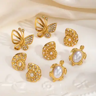 Sparkly Butterfly & Pearl Gold Stud Earrings