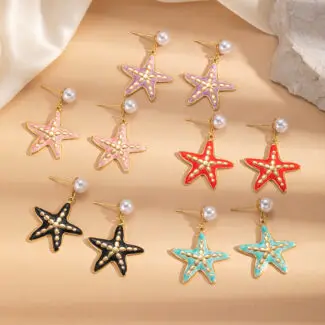 Rainbow Enamel Starfish Dangle Earrings